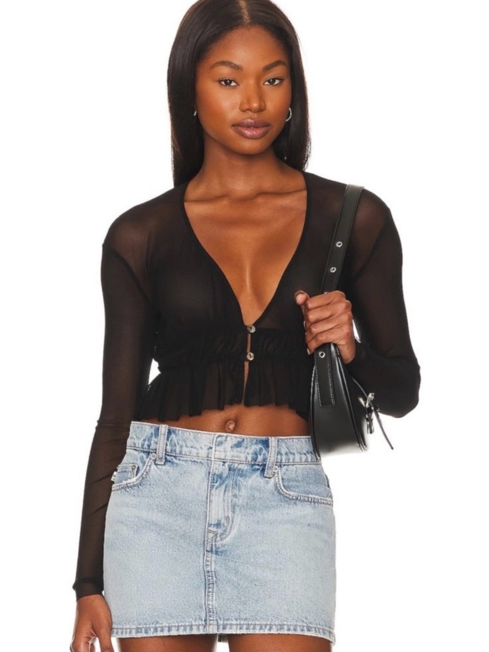 REVOLVE Sheer Black Long-Sleeve Cropped Ruffle Cardigan